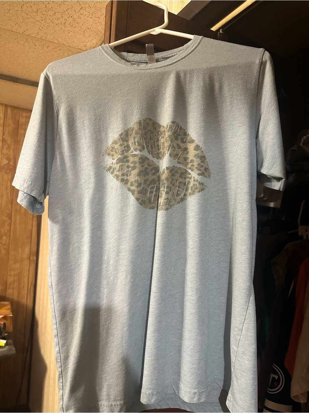 Next Level Apparel Light Blue Tee with Leopard Kiss Graphic